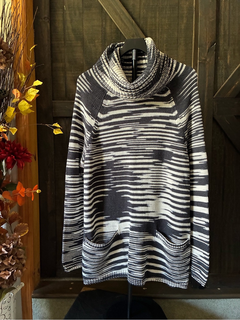 Lucky Brand Black & White Striped Cowl Neck Sweater